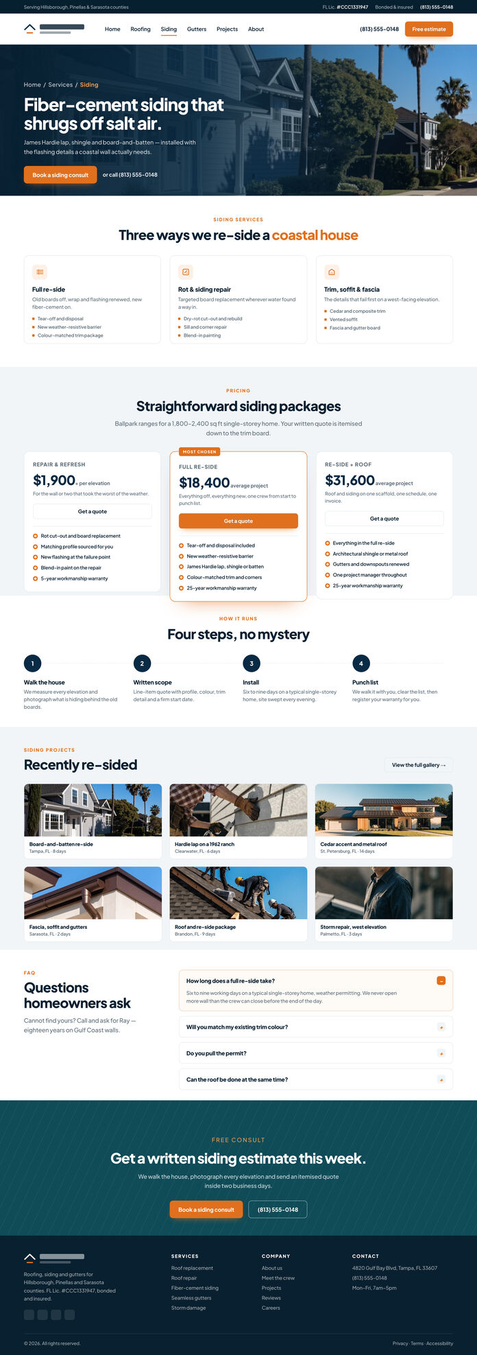 Roofing and siding site design — inner page