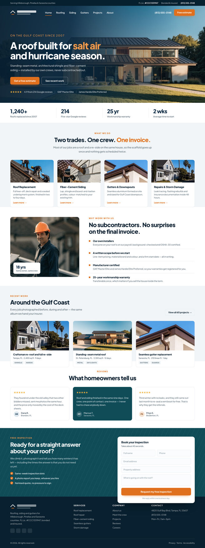 Roofing and siding site design — homepage